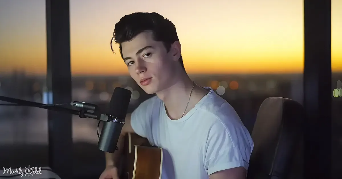 A person in a white shirt plays guitar in front of a microphone, with a sunset cityscape in the background.