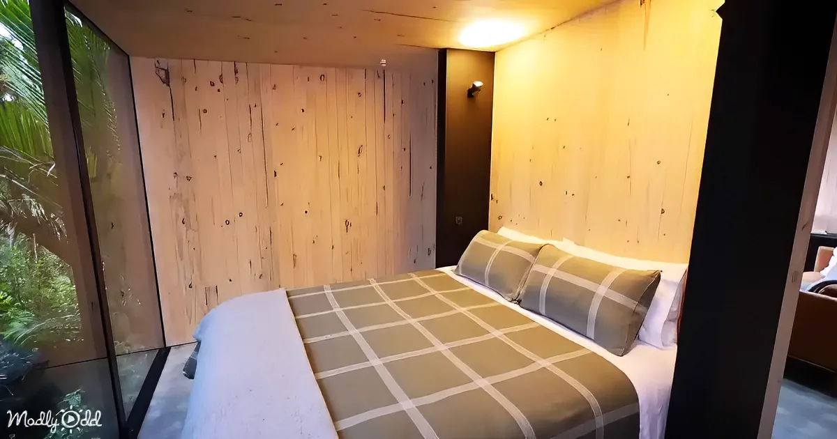 A cozy bedroom with a wooden wall, a neatly made bed, and a glass door leading to a tropical outdoor area.