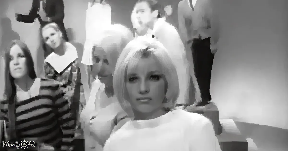 A woman with blonde hair and a white outfit is in the foreground, surrounded by others in a dimly lit setting.