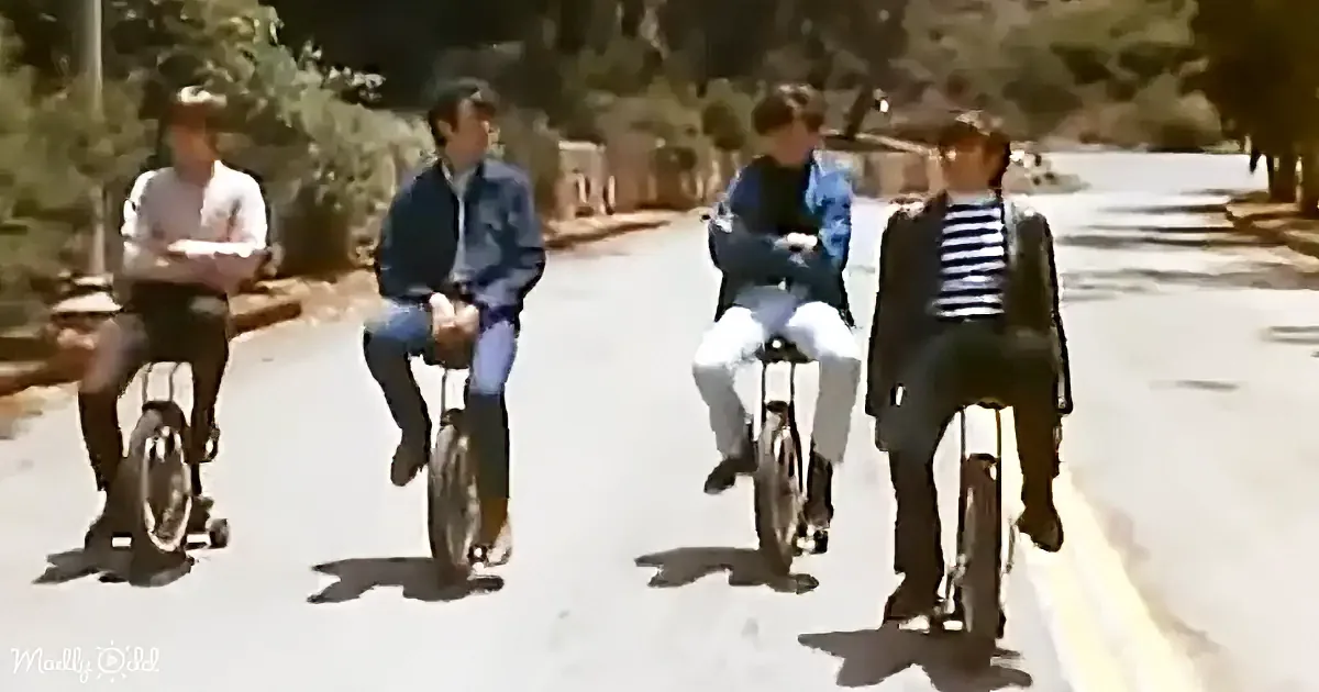 Four individuals ride unicycles on a sunny road, each in distinct attire.