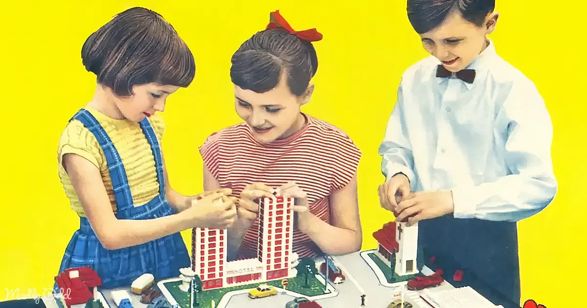 Three children play with miniature city models, focusing on a red building and church, against a bright yellow background.
