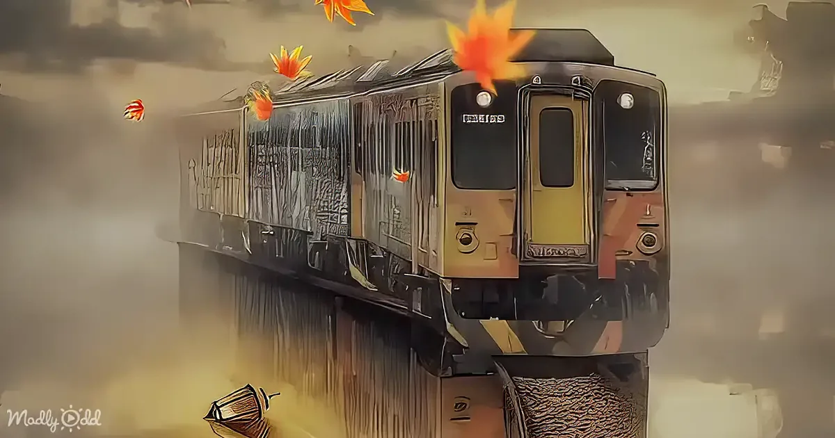 A train with autumn leaves and a reflective surface in a foggy environment.