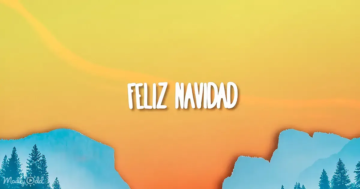 "FELIZ NAVIDAD" text over a gradient background with mountain silhouettes and trees.