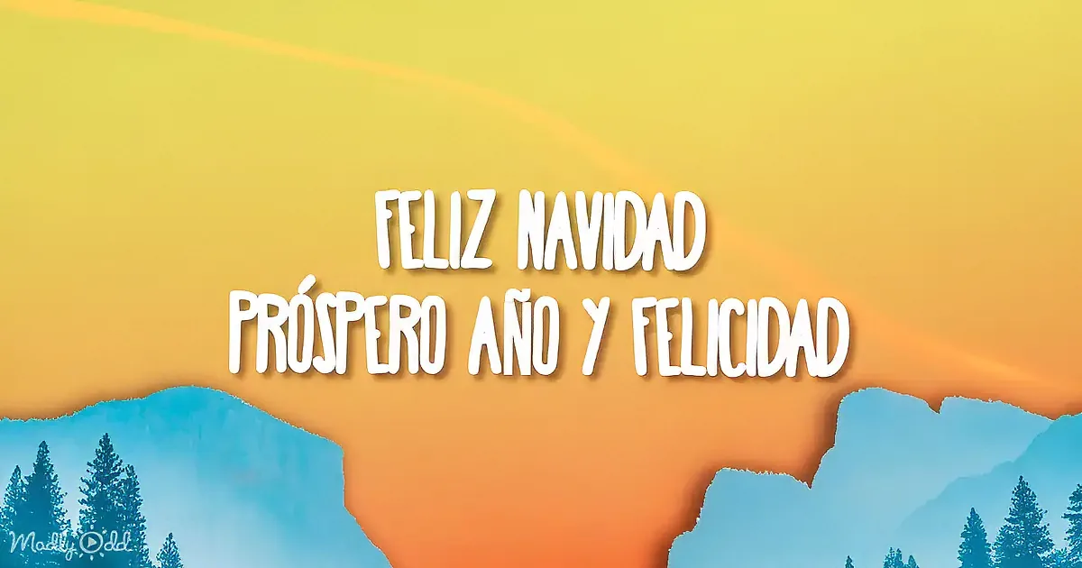 A warm gradient background with a torn paper effect revealing a mountain landscape and the text "Feliz Navidad, Próspero...