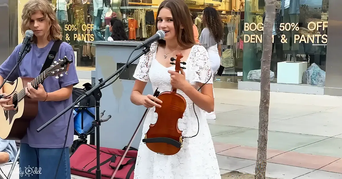 A young woman in white plays violin while singing, accompanied by a guitarist in a purple shirt.