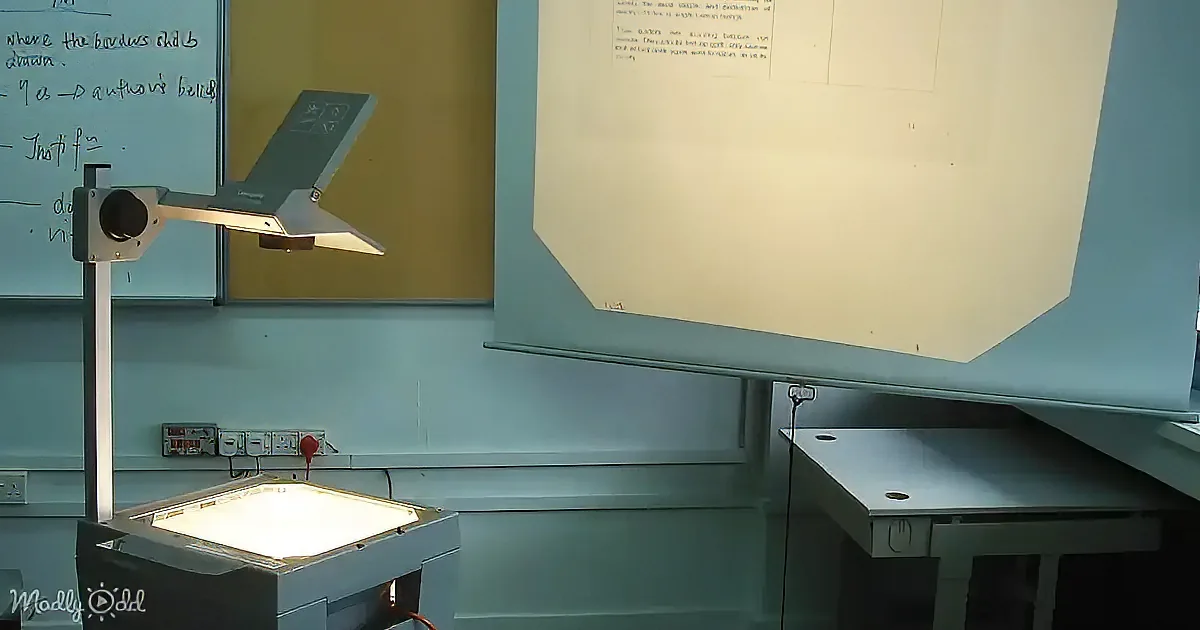 A document projector is illuminating a document on a screen in a classroom setting.