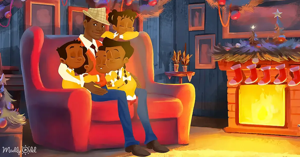A family sits together on a red couch by a fireplace, surrounded by Christmas decorations.