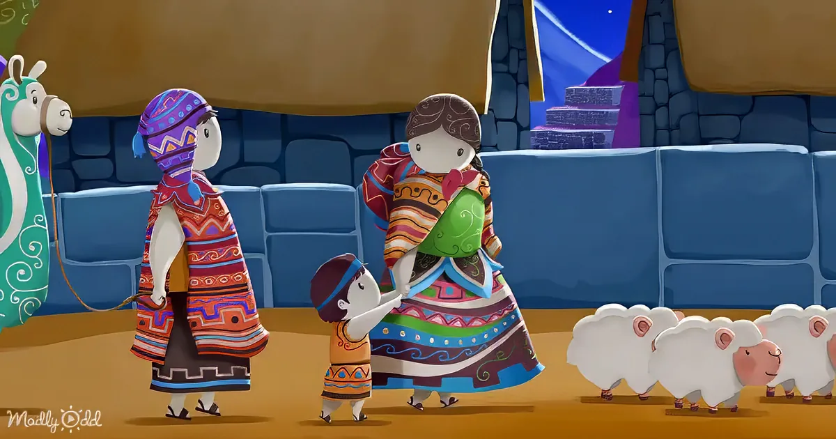 A family in traditional attire stands near sheep, with a camel in the background, under a tent-like structure.