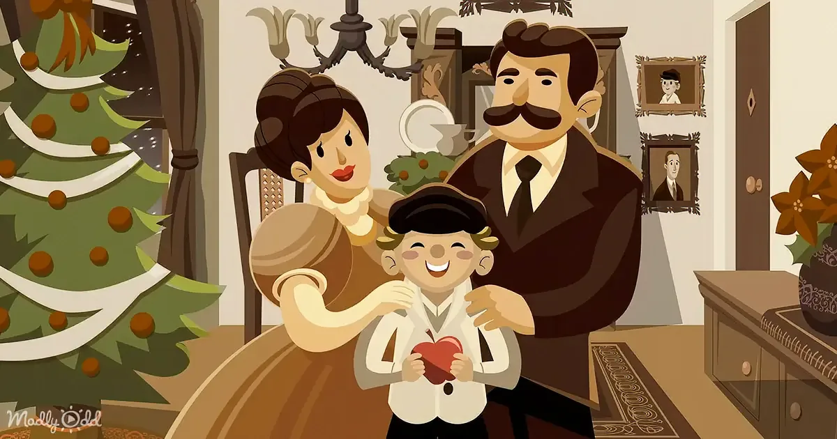 A family of three smiles in a festive living room with a Christmas tree and portraits on the wall.
