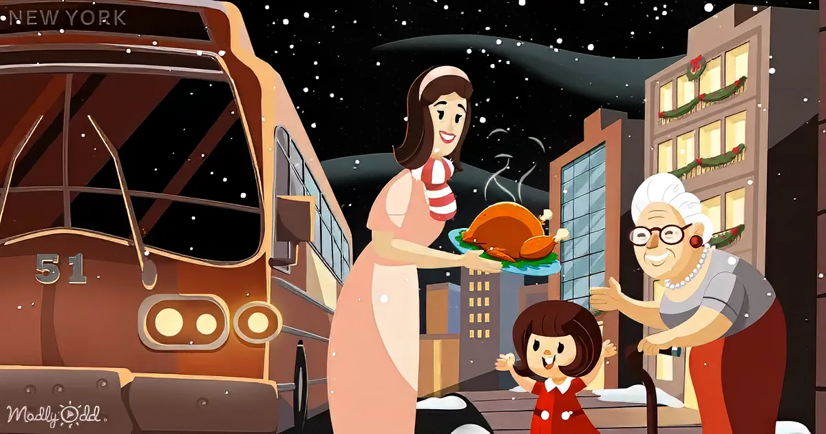 Woman holding roasted turkey near old bus, child and grandmother nearby, snowy night in New York.