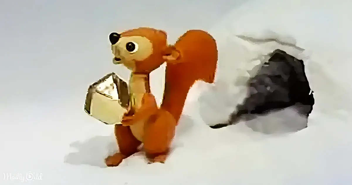 A cartoon squirrel holding a nut, standing in front of a hole in the ground.