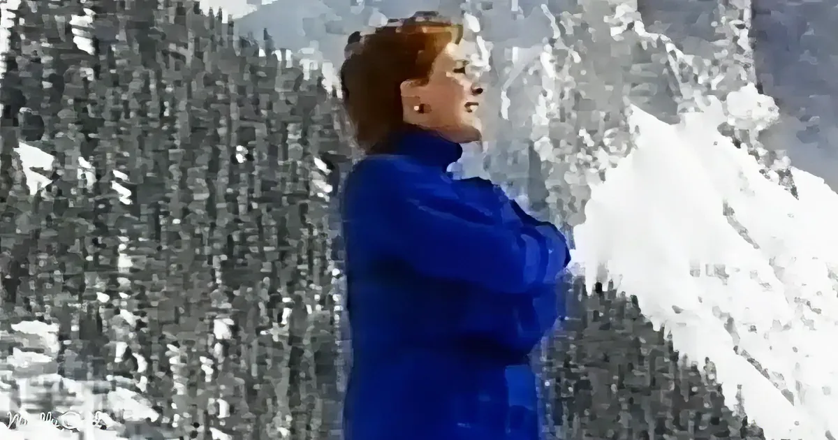 A person in a blue jacket stands with arms crossed, gazing up at a snowy mountain landscape.