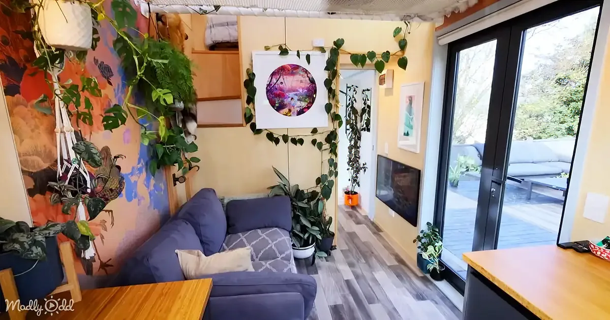 A cozy living room with a blue couch, plants, a large window, and a colorful mural on the wall.