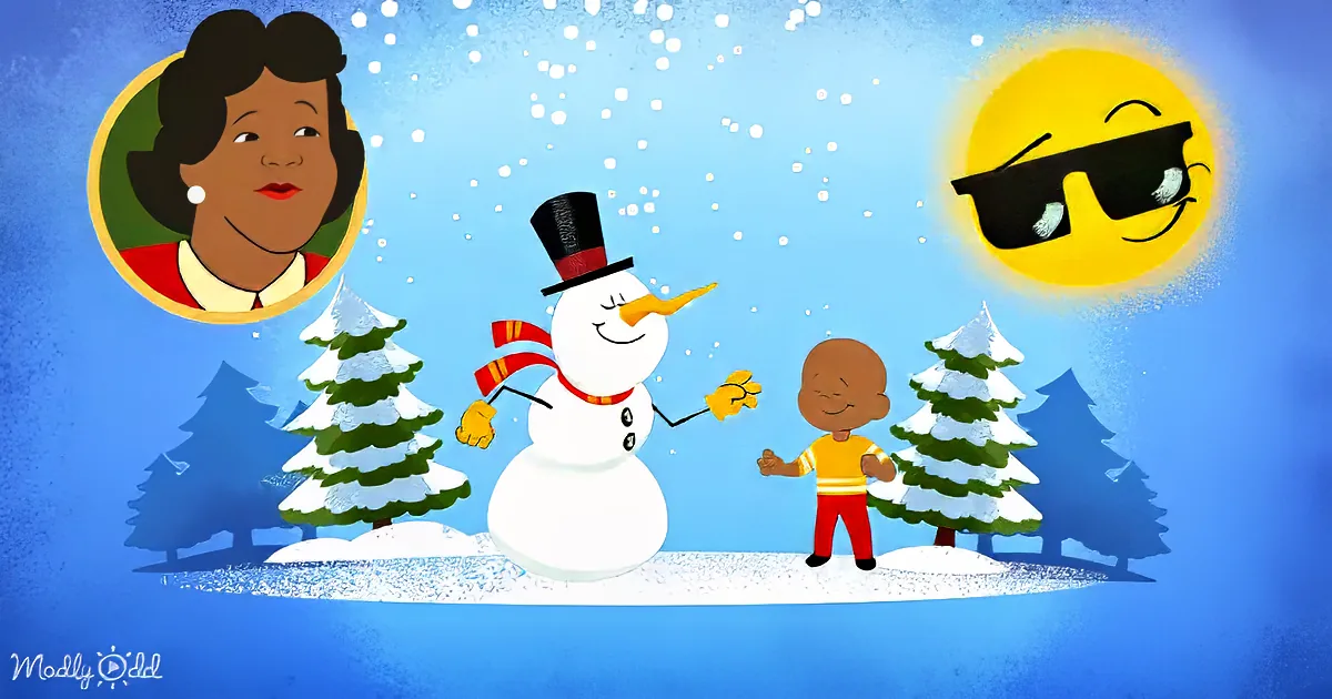 A cheerful snowman and boy hold hands, surrounded by snowy trees and a smiling sun.
