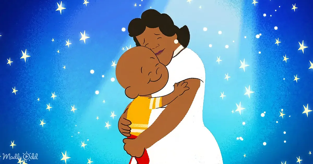 A mother hugs her child in a starry night sky, both smiling.