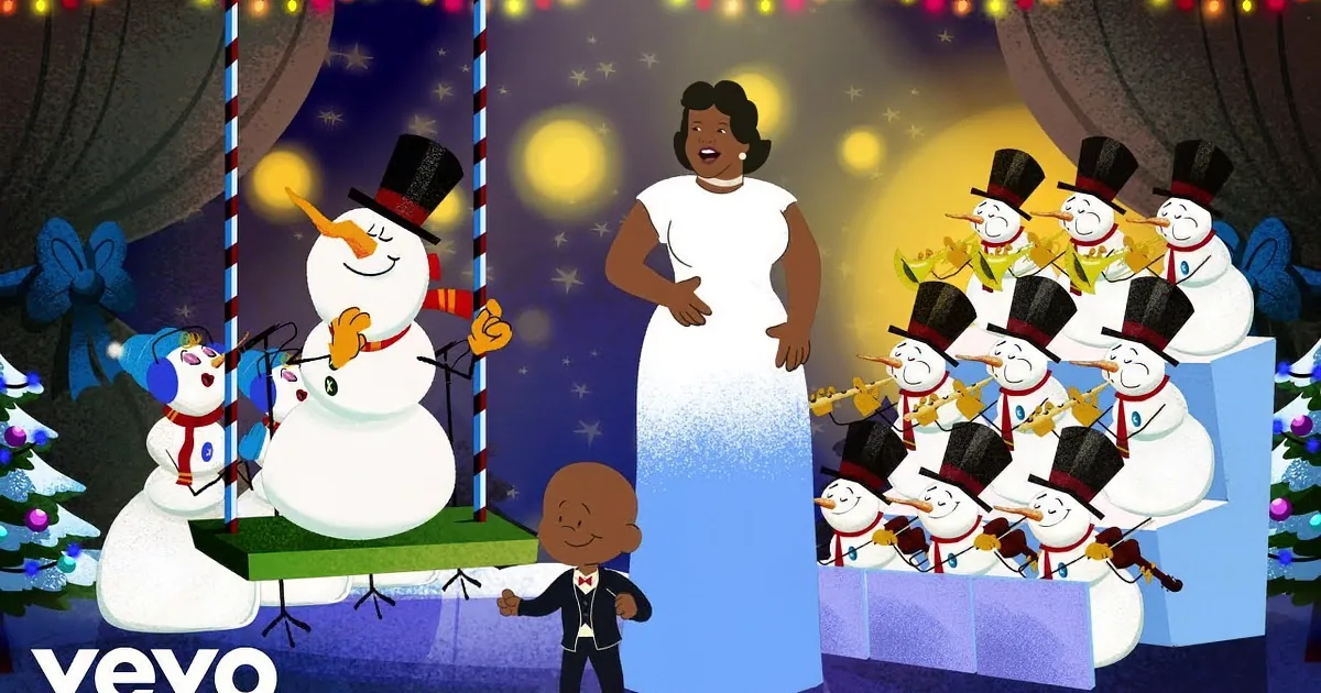 A woman in white sings with snowmen playing instruments in a festive Christmas scene.