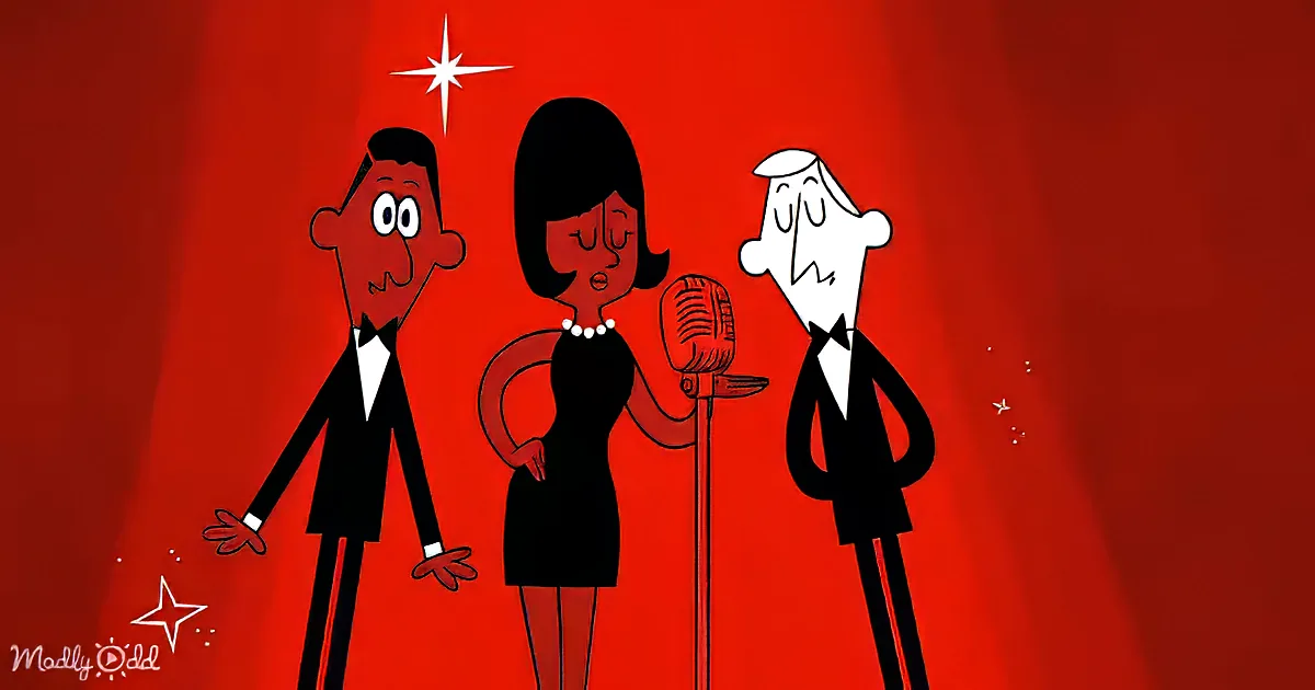 A cartoon woman in a black dress sings into a microphone, flanked by two men in tuxedos against a red background.