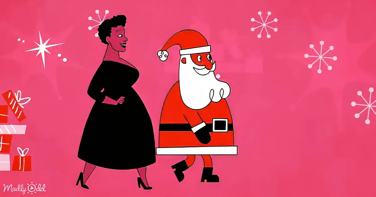 A woman in a black dress and Santa Claus in red and white are walking together against a pink background with snowflakes...