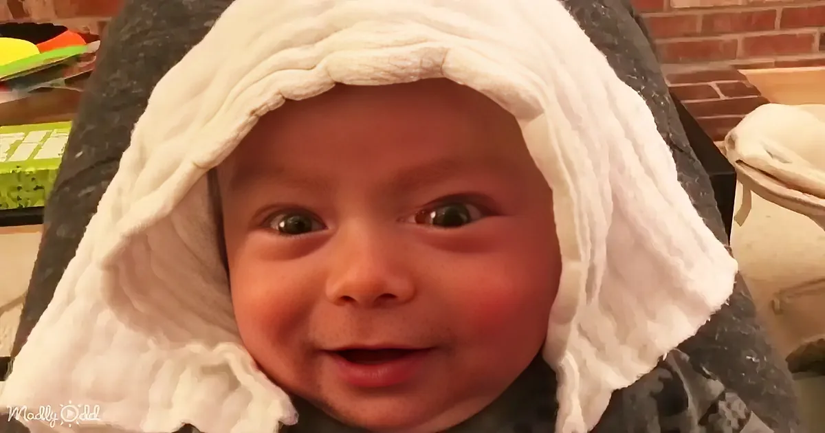 A baby wearing a white hooded garment with a ruffled collar, looking surprised.