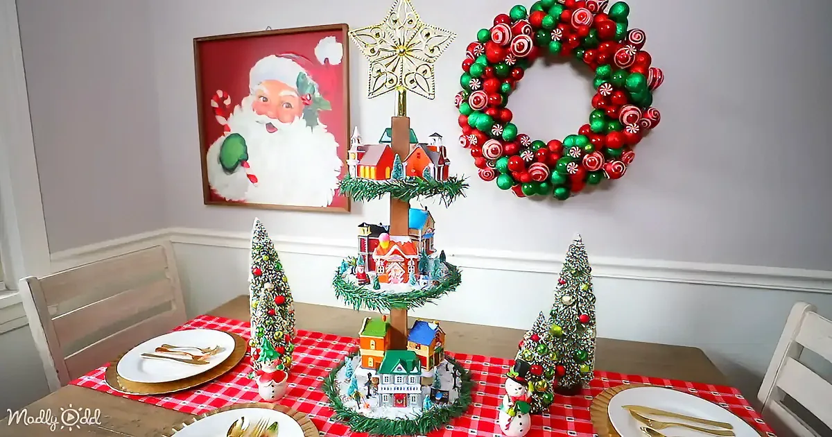 A festive Christmas scene with a decorated tree, nutcracker, peppermints, and holiday ornaments in a basket.