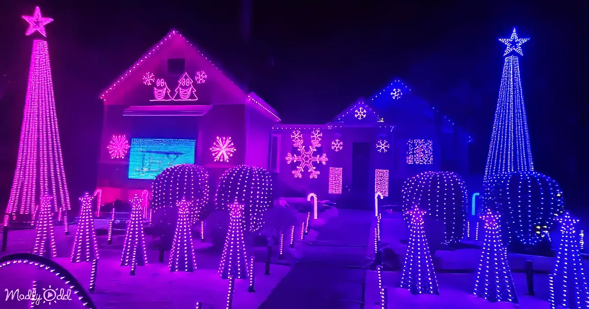 A house adorned with vibrant purple and blue lights, featuring snowflake decorations and illuminated trees, creating a...