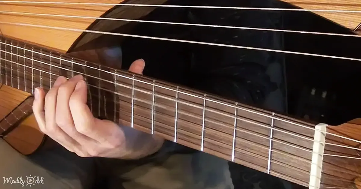 A hand is pressing strings on a guitar neck, with a wooden body and dark finish visible.