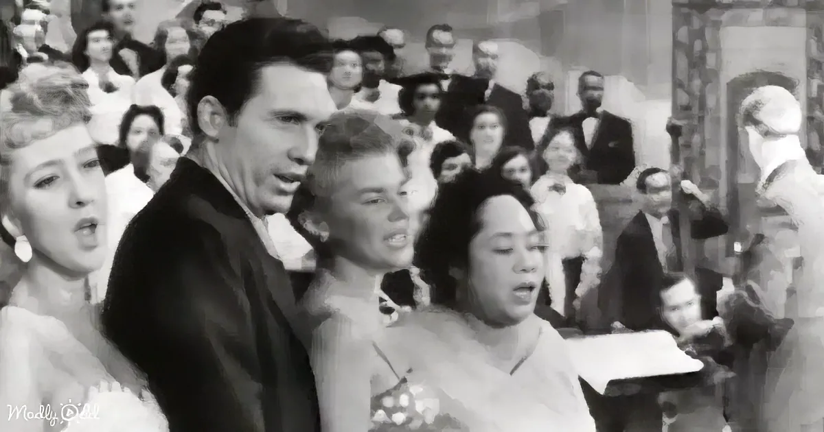 A man in a suit sings passionately in front of a diverse audience, with a woman in the foreground also singing.