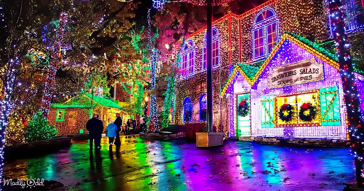 A festive scene with brightly lit buildings and trees, people walking, and colorful lights reflecting on the wet ground.