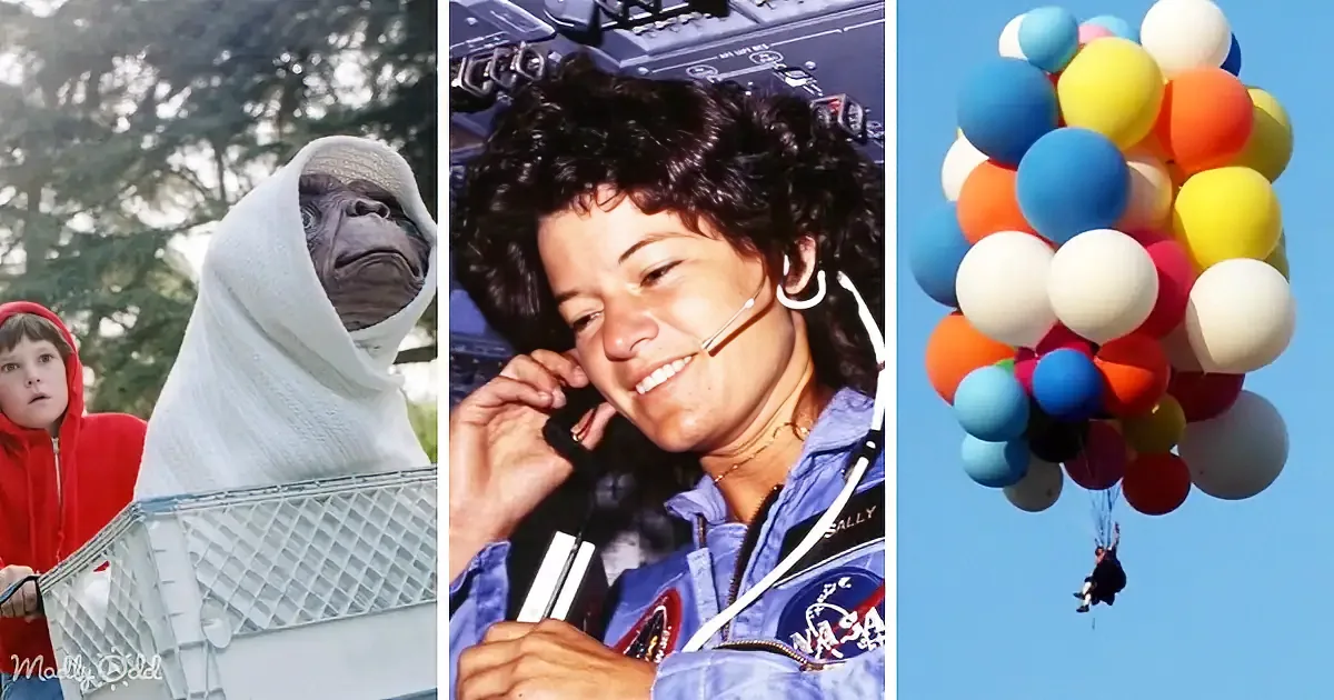 A collage featuring an alien, a NASA astronaut, and a person descending with colorful balloons.