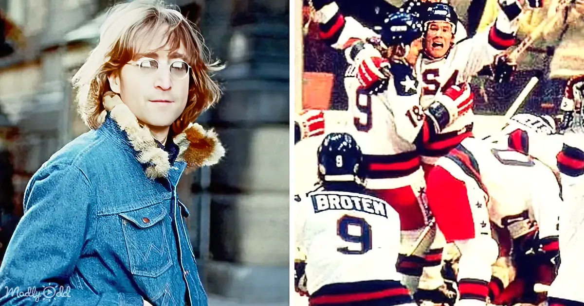 John Lennon in a denim jacket and a hockey player celebrating with a stick and jersey.