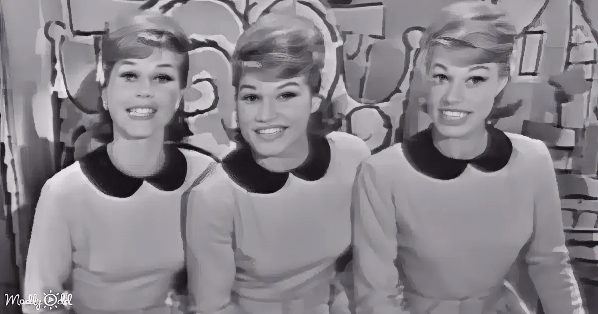Three women in matching outfits with black collars, smiling, against a whimsical background.