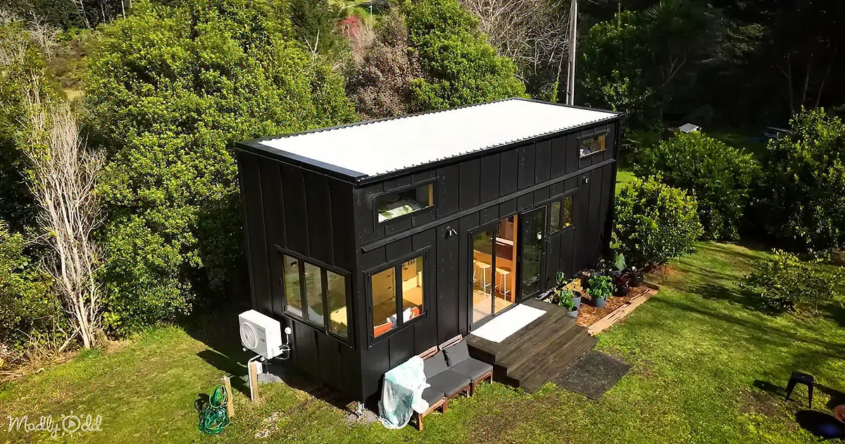 A black modern tiny house with large windows, a wooden deck, and surrounded by greenery.