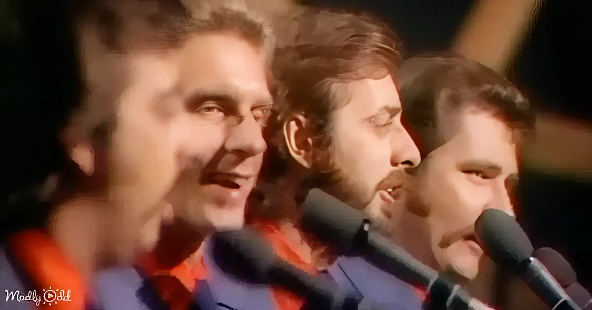 Three men in orange and blue shirts sing into microphones, close-up shot.