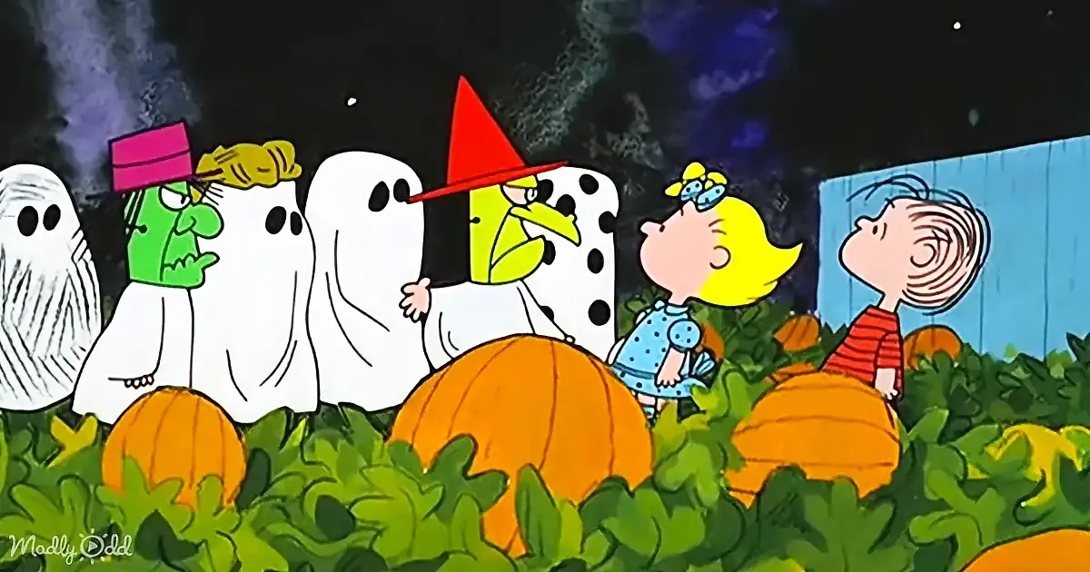 A ghostly chicken in a red hat stands among ghosts and children in a pumpkin patch.