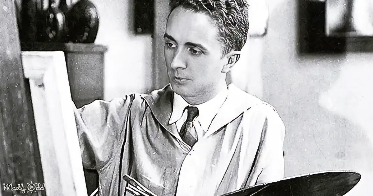 A man in a white shirt and tie is painting, holding a palette, with a canvas and a vase in the background.