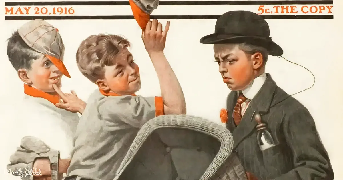 Three boys in vintage attire interact with a wicker chair, one pointing, another raising a hand, and the third looking on.