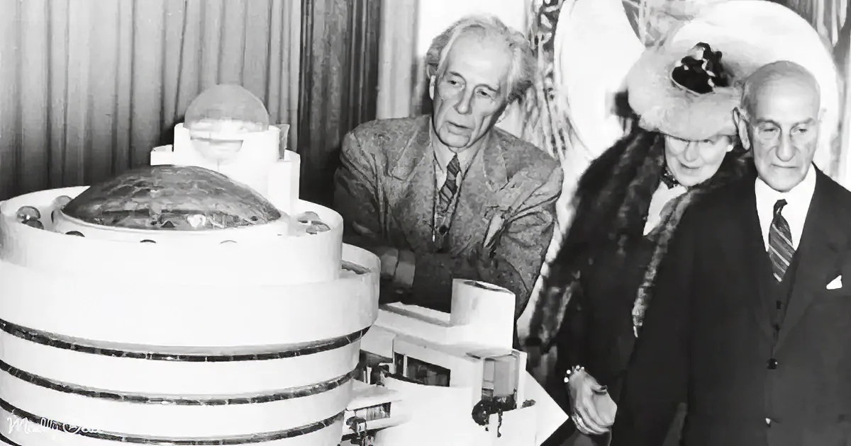 Three individuals examine a futuristic device with a dome and circular components, possibly from a science fiction era.