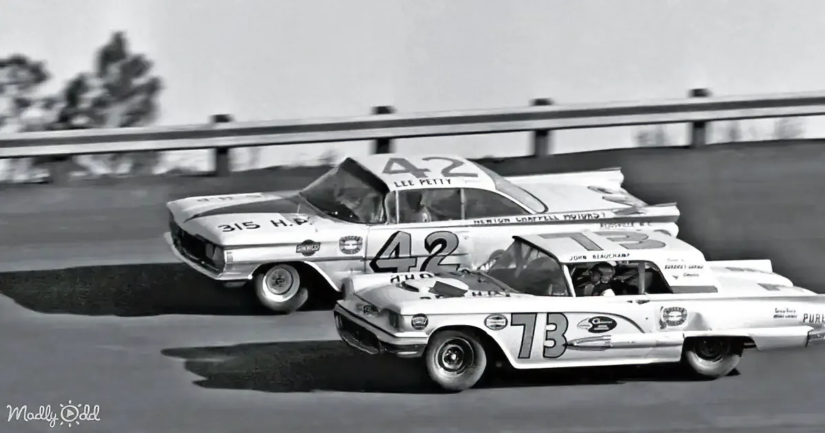 Two vintage race cars, one with number 42 and the other with number 73, are racing on a track.