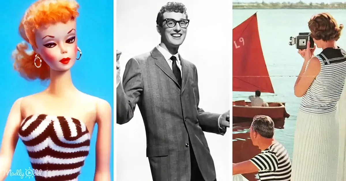 A vintage Barbie doll in a striped dress, a man in a suit, and a woman filming a sailboat on a lake.