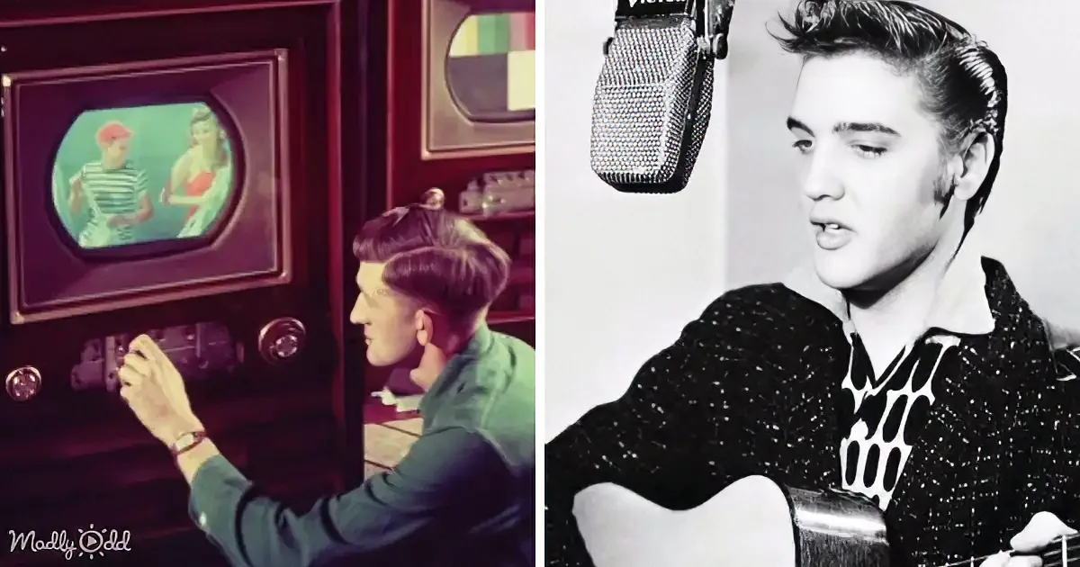 A man in a green shirt adjusts a vintage television while another man sings into a microphone.