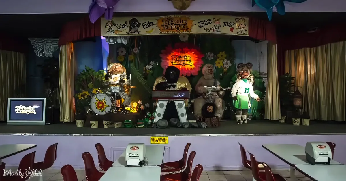 A band of animated characters performs on stage with a colorful backdrop and audience seating in front.