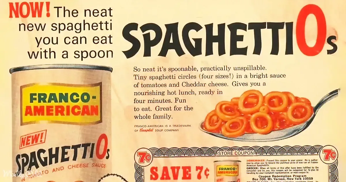 Franco-American SpaghettiOs ad highlights spoonable, unspillable spaghetti circles in tomato and cheese sauce.