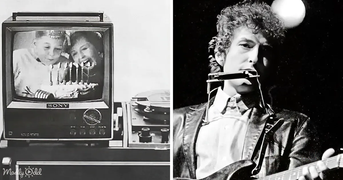 A vintage TV shows a birthday celebration, while a man plays guitar and harmonica in a dark setting.