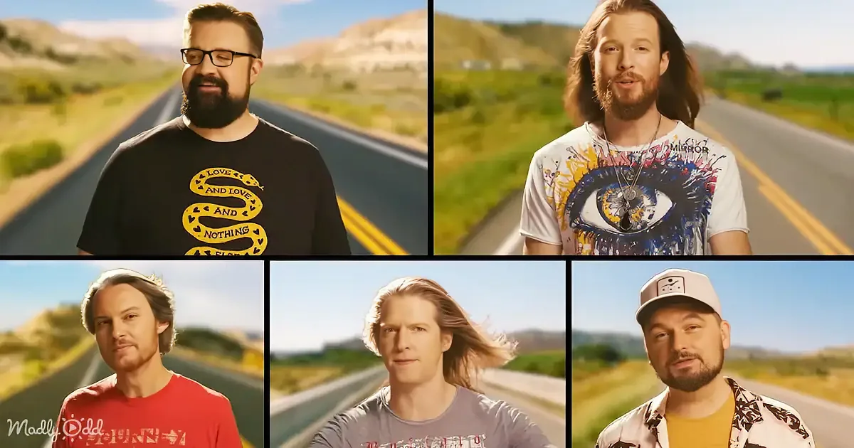 A collage of five individuals standing on a road, each wearing different colorful t-shirts, against a scenic backdrop of...