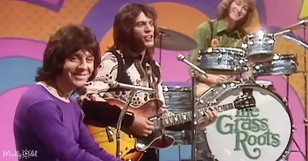 A smiling musician in a purple shirt plays guitar, with a bandmate in a patterned shirt and a drummer in a green shirt...