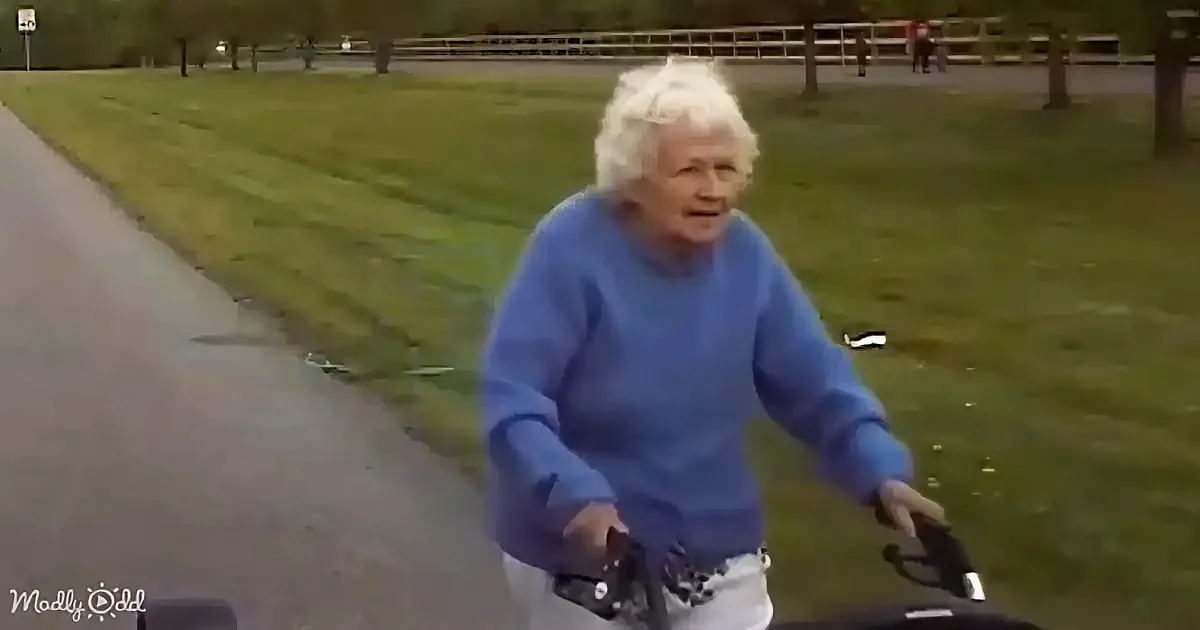 An elderly woman in a blue sweater rides a scooter in a grassy park.