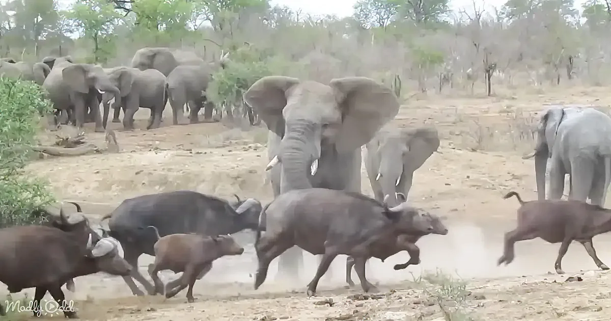 A herd of elephants charges a group of Cape buffaloes, creating a cloud of dust in the savanna.