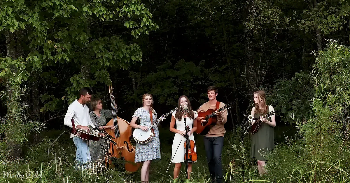A group of musicians stands in a forest, each holding a stringed instrument, ready to perform.