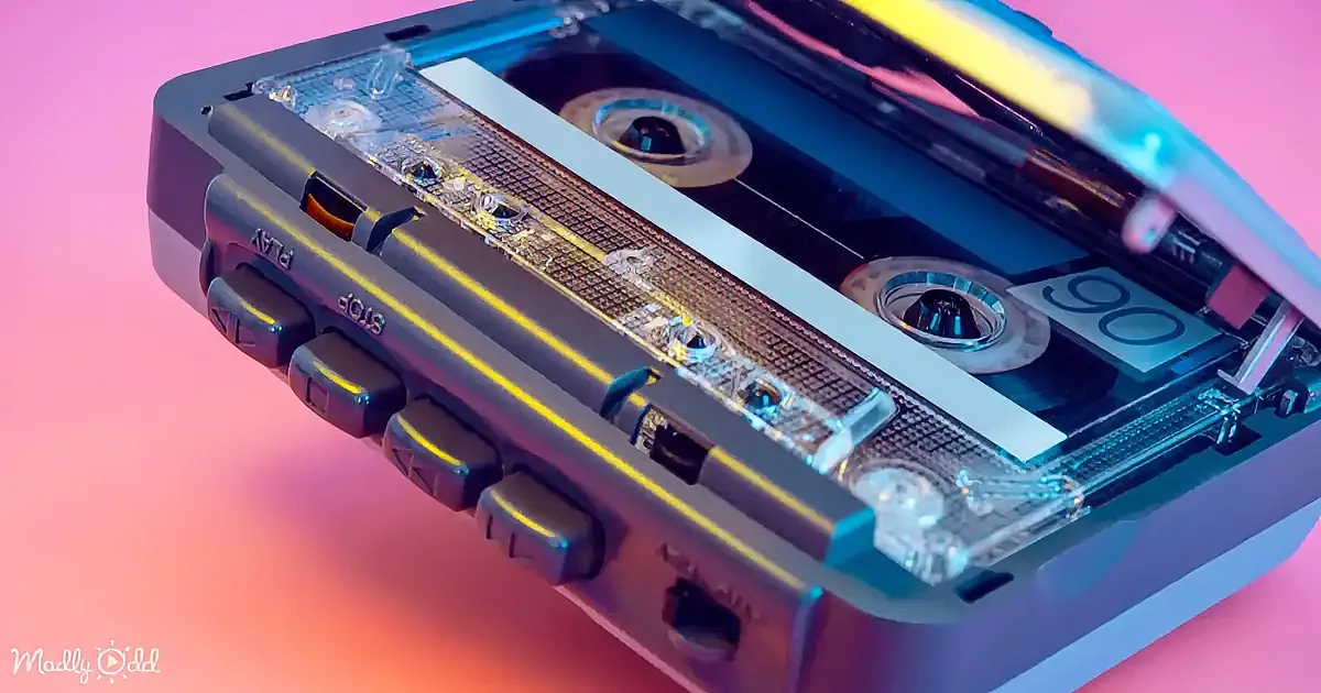 A close-up of a cassette tape with a vibrant, colorful background and a "Stop" button visible.
