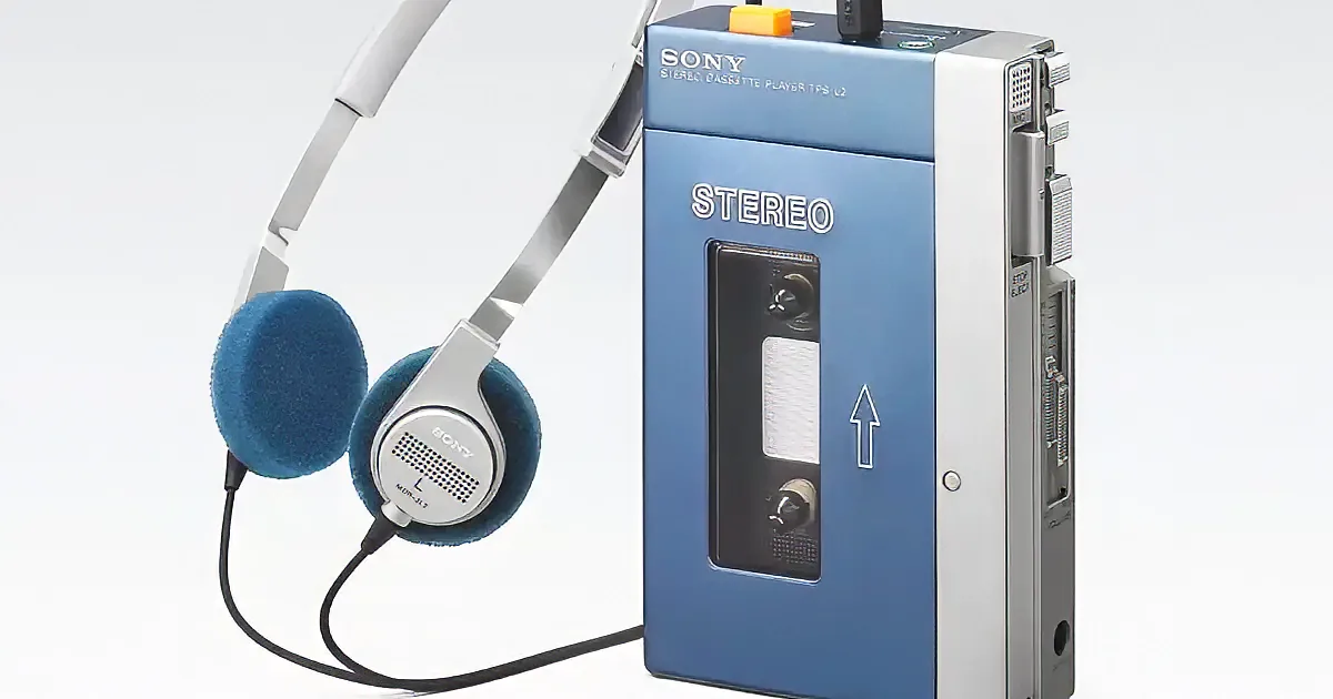 A vintage Sony stereo cassette player with headphones is displayed, showcasing retro audio technology.